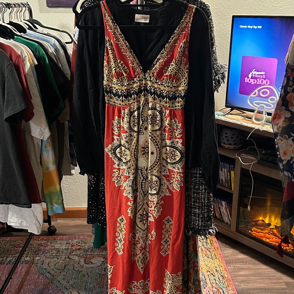 Angie Red Paisley Boho Maxi Dress Size Medium